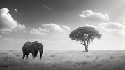 Lonely elephant in savanna, black and white