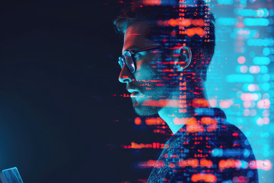 portrait of a programmer with a double exposure of a laptop and a code