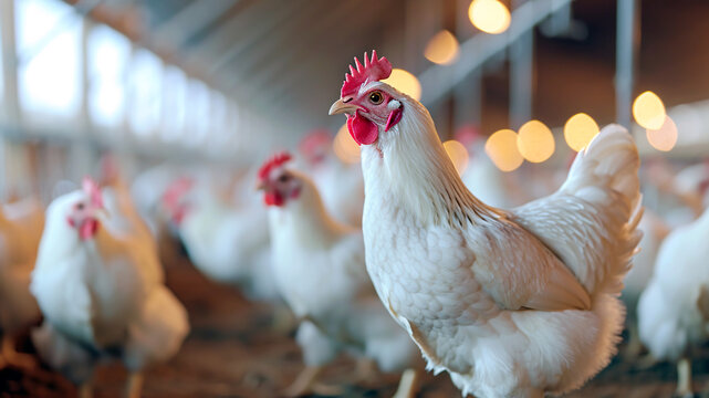 White hens in a henhouse or poultry farm. Chickens standing in a barn. Modern meat and egg production line. Chicken factory
