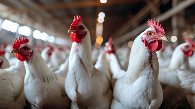 Portrait of three white hens close-up. Chickens standing in a henhouse or poultry farm. Modern meat and egg production line. Chicken factory