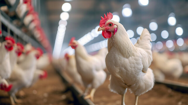 White hens close-up. Chickens standing in a henhouse or poultry farm. Modern meat and egg production line. Chicken factory interior
