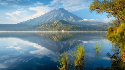 Room darkening curtains Reflection Volcanic mountain in morning light reflected in calm waters of lake
