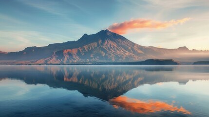 Volcanic mountain in morning light reflected in calm waters of lake - obrazy, fototapety, plakaty