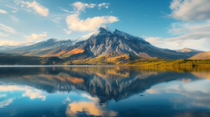Volcanic mountain in morning light reflected in calm waters of lake