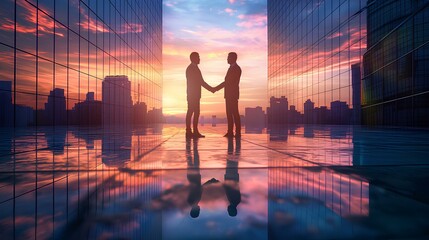 Two businessmen standing in front of the background of big city buildings and shaking hands. Concept of trade, faith, contract, conviction, partnership, cooperation. generative AI