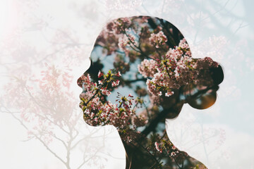 double exposure image of a woman's silhouette filled with a cherry blossom tree