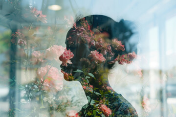 portrait of a florist with a double exposure of a flower and a vase