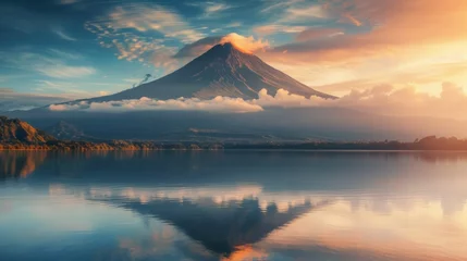Papier Peint photo Réflexion Volcanic mountain in morning light reflected in calm waters of lake