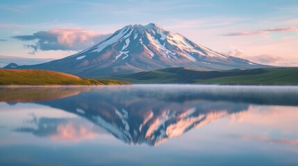 Fototapeta na wymiar Volcanic mountain in morning light reflected in calm waters of lake