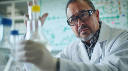 A concentrated scientist wearing protective glasses and a lab coat is holding a test tube in a laboratory setting, with scientific diagrams in the background.