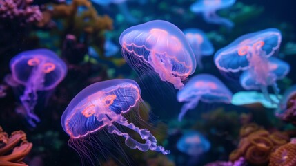Capture the ethereal beauty of the underwater world. bright glowing jellyfish and fish gracefully glide through the water