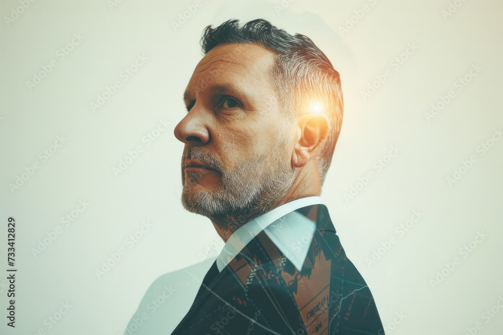 Poster portrait of a manager with a double exposure of a suit and a chart