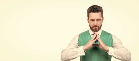 Man face portrait, banner with copy space. concentrated bearded elegant man isolated on white background, confidence.