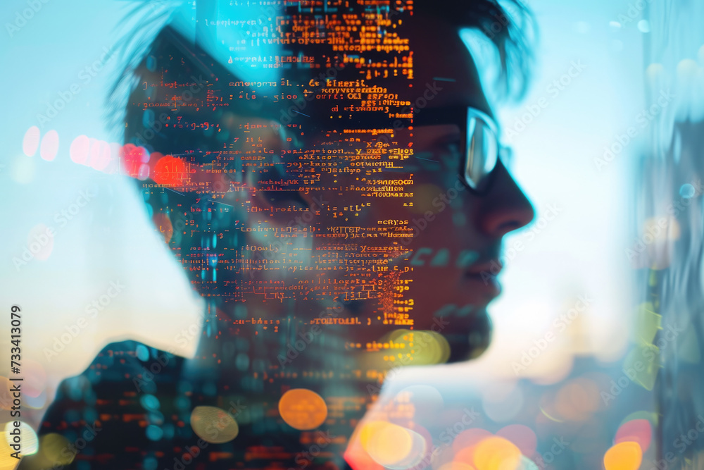 Poster portrait of a programmer with a double exposure of a laptop and a code