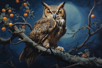A painting of a owl on a branch with a full moon in the background