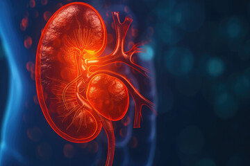 kidney with a red color and a bean shape and a health overlay on the urine - obrazy, fototapety, plakaty