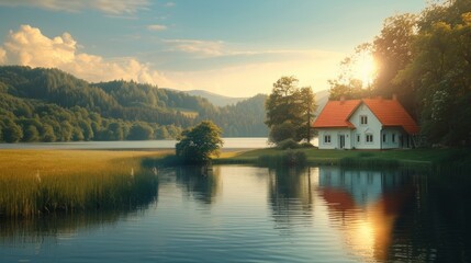 Beautiful natural background with a house on a lake. large copyspace area, offcenter composition