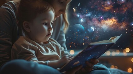 a parent sitting with their child, reading a book about space - obrazy, fototapety, plakaty