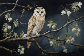 Fototapeta premium A painting of a owl on a branch with a full moon in the background