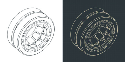 Spherical roller bearing isometric blueprints - obrazy, fototapety, plakaty