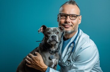 doctor poses with a dog in front of a blue background