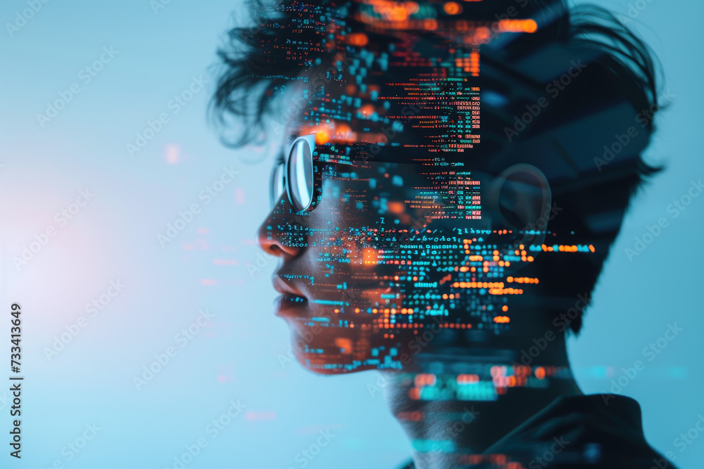 Poster portrait of a programmer with a double exposure of a laptop and a code