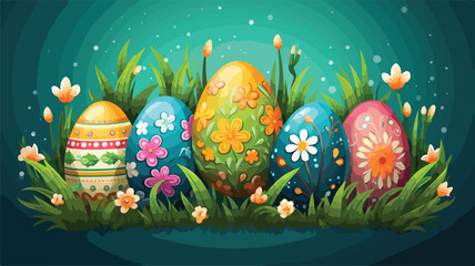 Obraz na płótnie Canvas Decorative Easter eggs on green grass vector illustration.