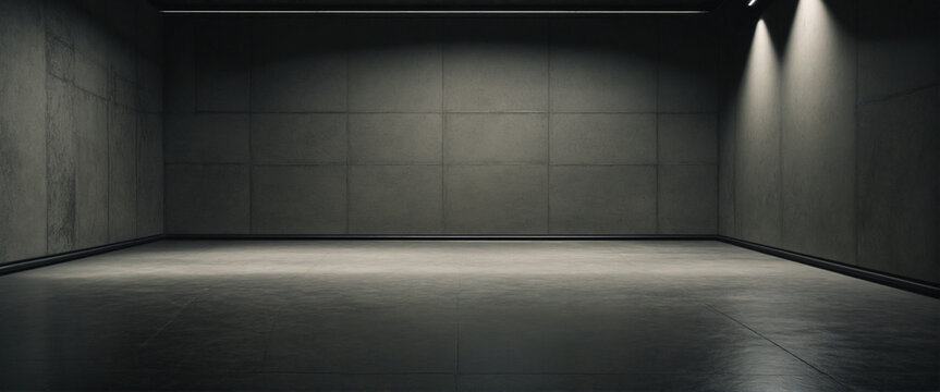 Dark and dim concrete wall and floor background. Grnugy dark concrete room. Wide format. 