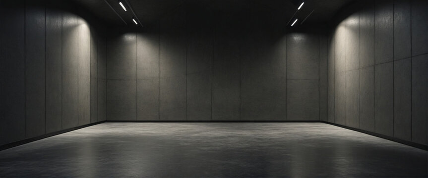 Dark and dim concrete wall and floor background. Grnugy dark concrete room. Wide format. 