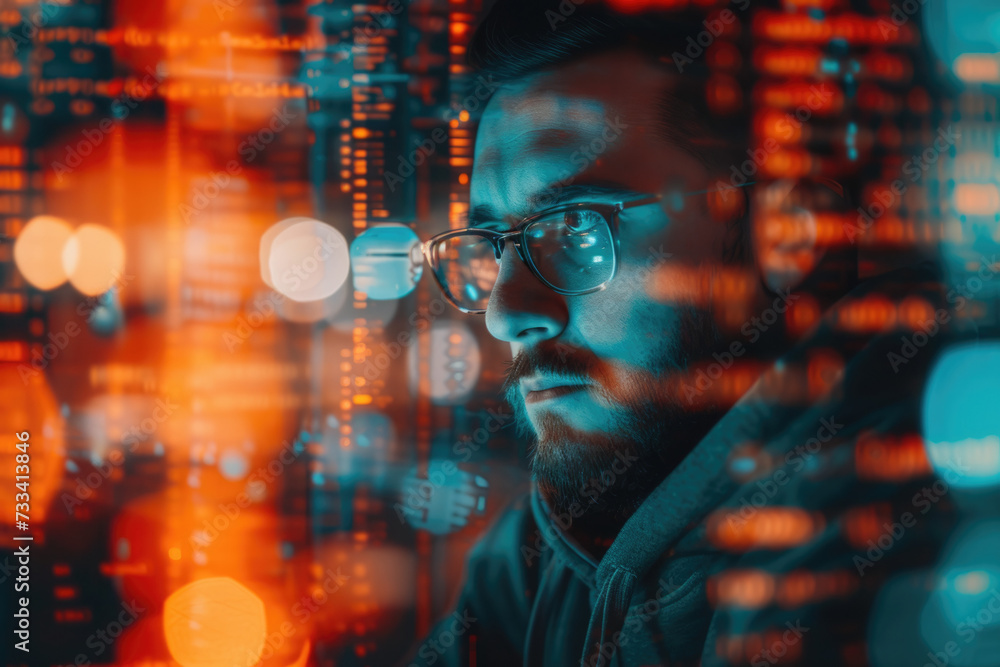 Poster portrait of a programmer with a double exposure of a laptop and a code