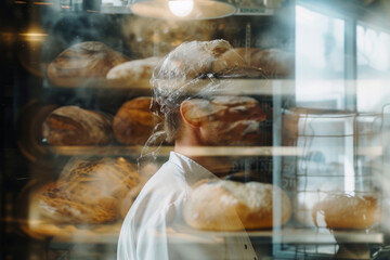 portrait of a baker with a double exposure of a dough and a bread