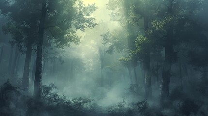 Capture the ethereal beauty of a misty forest. towering trees shrouded in fog - obrazy, fototapety, plakaty
