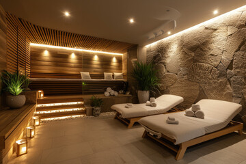 spa with a relaxing atmosphere and soft lighting. There are massage tables and a sauna.