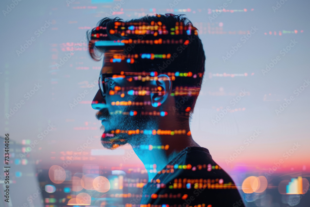 Poster portrait of a programmer with a double exposure of a laptop and a code