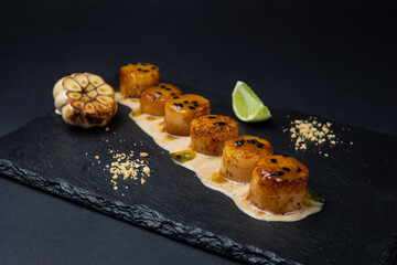 Thai food delivery. scallops on a black background