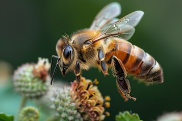 An extreme close-up of a honeybee hovering over a flower, showcasing its fuzzy body and transparent wings in flight