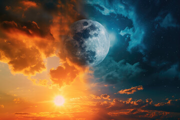 Obraz na płótnie Canvas photo of a day and night scene with a half moon and a sun