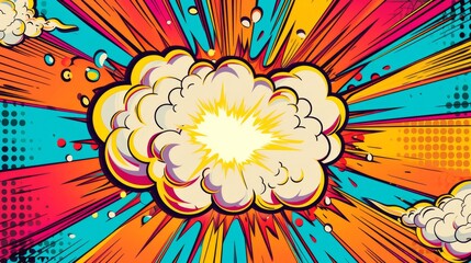 Vivid colorful comic boom explosion artwork in pop art style. Visual dynamism of modern comic book icon for punch word.  Comic cloud
