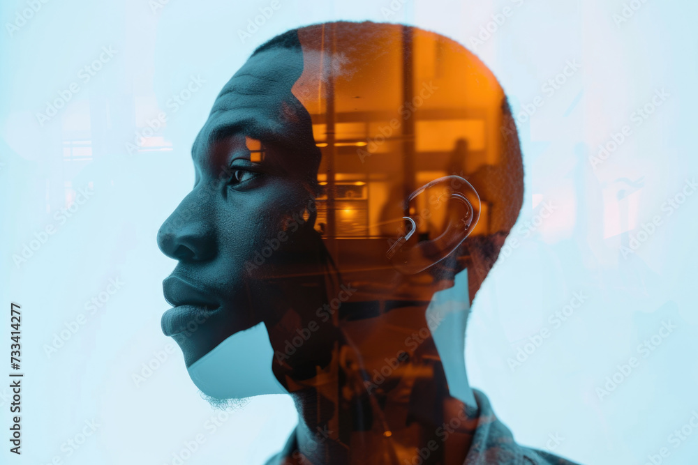 Aufkleber portrait of a interpreter with a double exposure of a earphone and a speech
