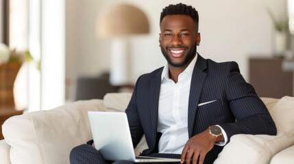A professional dressed in a business suit is attentively using a laptop while comfortably sitting on a couch, indicating a blend of formal attire with a relaxed remote working environment. - obrazy, fototapety, plakaty
