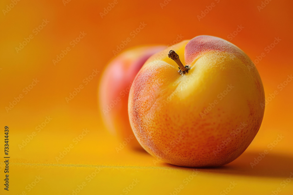 Poster peach with a fuzzy skin and a yellow flesh with a pit in the middle