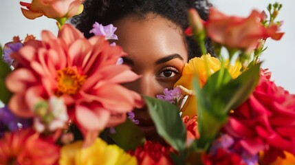 Mystery in Bloom: Woman's Eyes Amongst Vivid Flowers. Generative ai