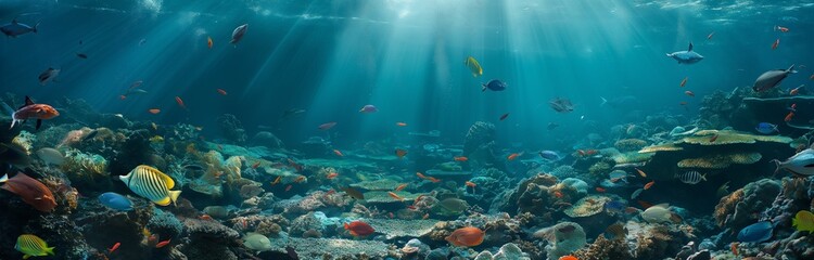 coral reef with rays of light - obrazy, fototapety, plakaty