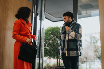 Two corporate professionals engage in a discussion as they leave an office building amidst an overcast weather backdrop.