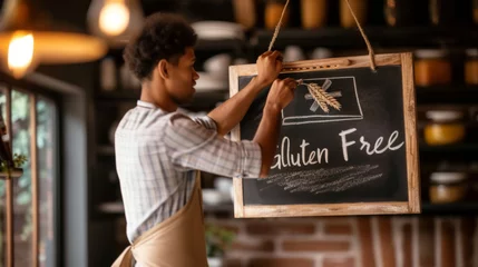 Raamstickers man is writing "Gluten Free" on a blackboard with a piece of chalk. © MP Studio