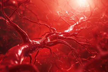 human circulatory system, with blood flowing through veins and arteries. The background is a red color.
