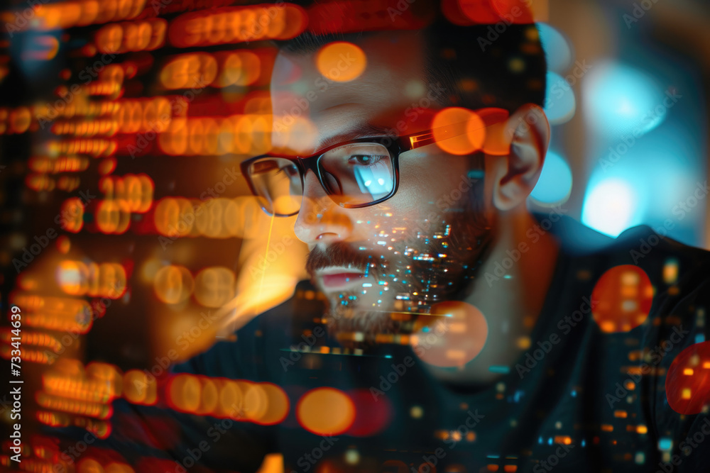 Poster portrait of a programmer with a double exposure of a laptop and a code