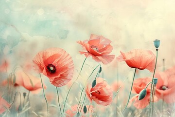 A serene image of blooming red poppies amidst a soft-focus natural backdrop.