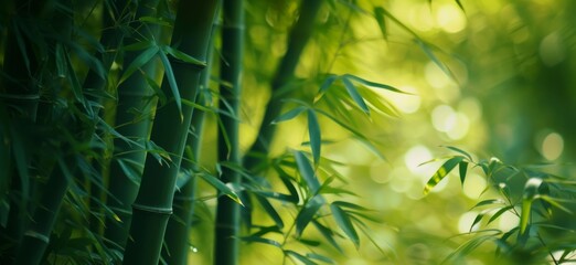 A serene bamboo forest bathed in dappled sunlight creating a tranquil and lush green environment.
