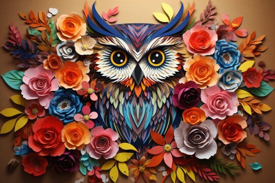 A paper owl with colorful flowers and leaves